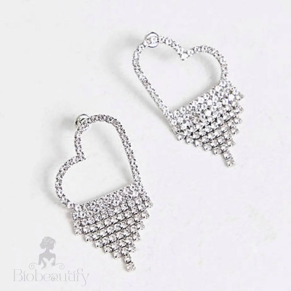 Rhinestone Fringe Heart Dangle Earrings Silver One Size /