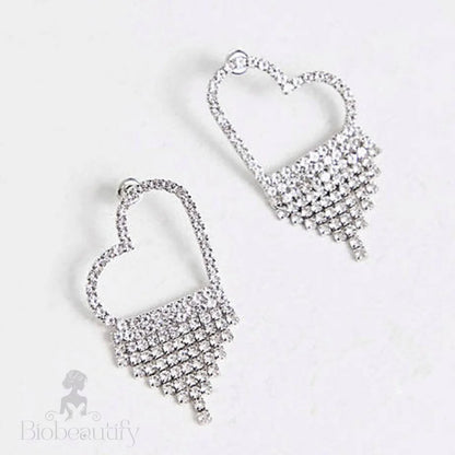 Rhinestone Fringe Heart Dangle Earrings Silver One Size /