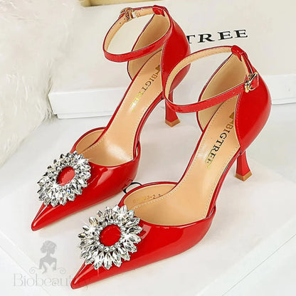 Rhinestone High Heel Buckle Pumps In Patent Leather For Women - Sexy Party Shoes