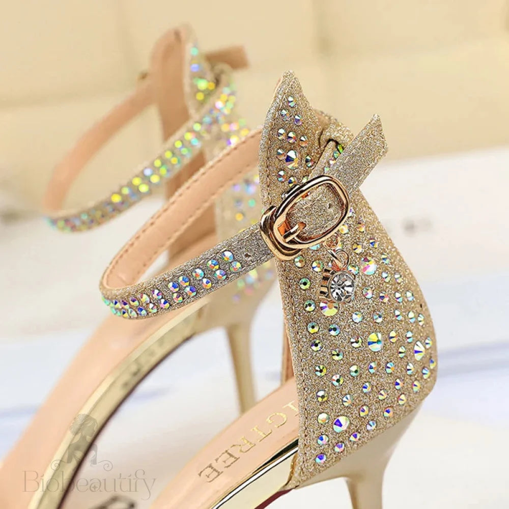 Rhinestone High Heels Kitten Party Shoes Open Toe Women Pumps