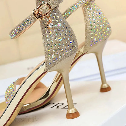 Rhinestone High Heels Kitten Party Shoes Open Toe Women Pumps