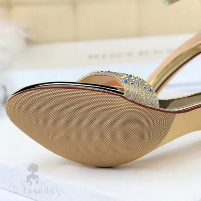 Rhinestone High Heels Kitten Party Shoes Open Toe Women Pumps