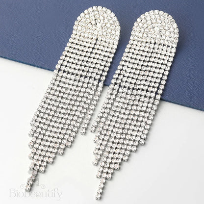 Rhinestone Long Tassel Drop Earrings - Silver