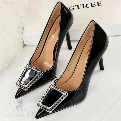 Rhinestone Metal Buckle High Heels Patent Leather Women Pumps