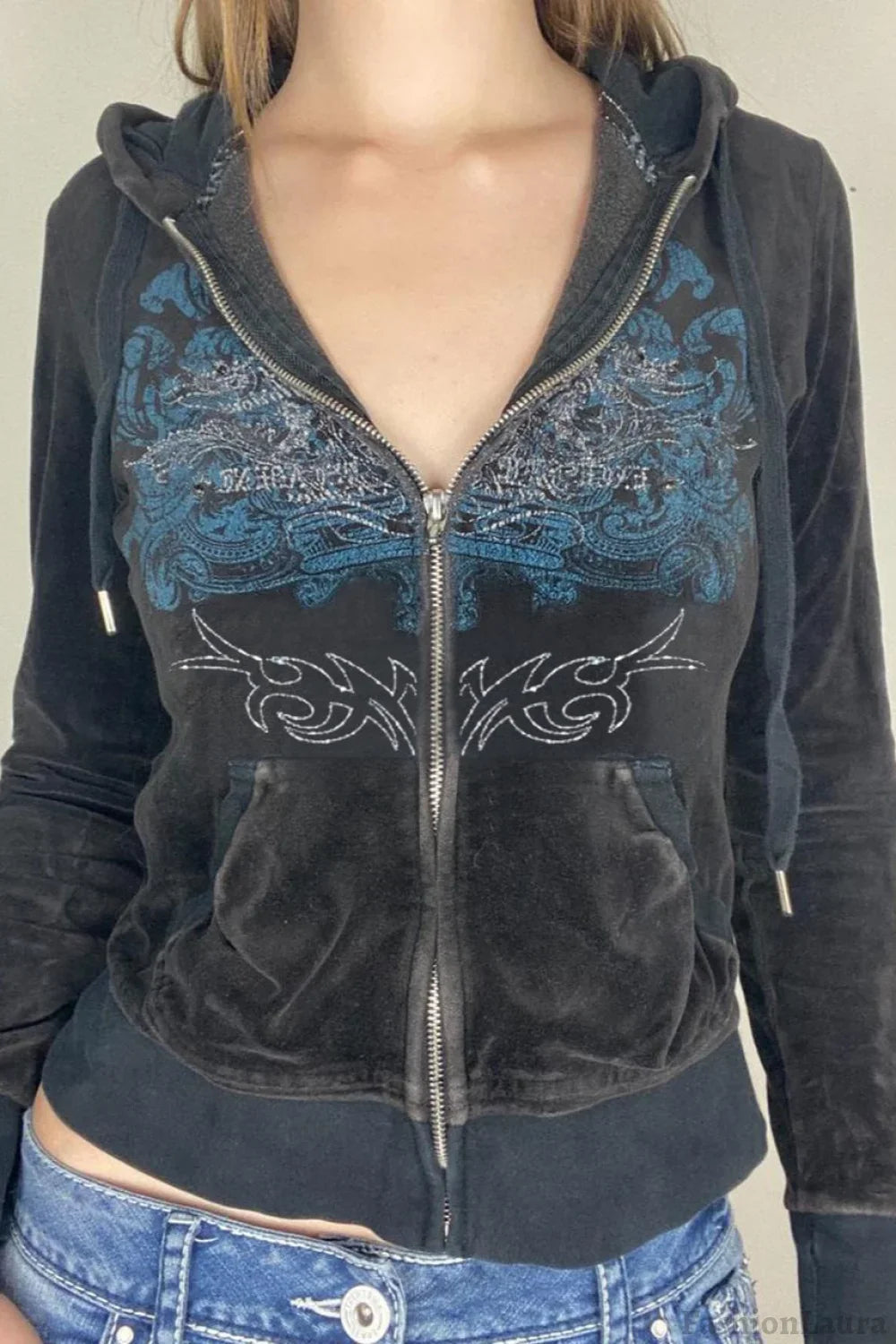 Rhinestone Print Zipper Hoodie Black / S