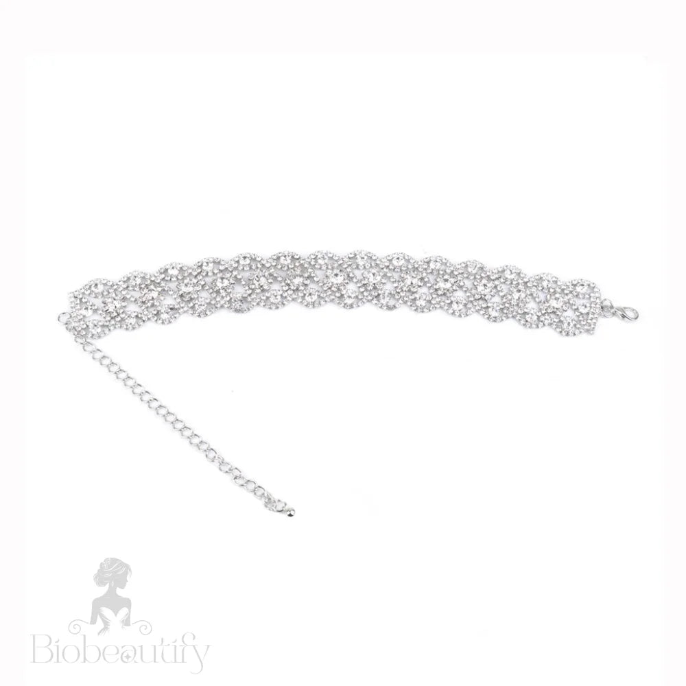 Rhinestone Scalloped Chain Choker Necklace - Silver