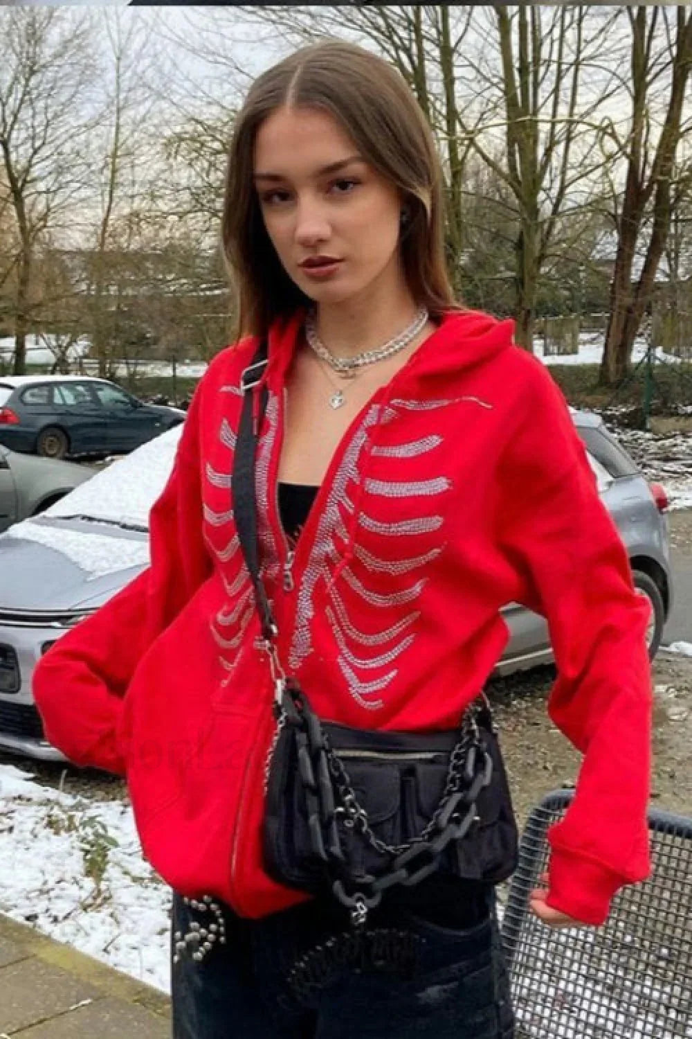 Rhinestone Skeleton Zip Up Hoodie Red / S