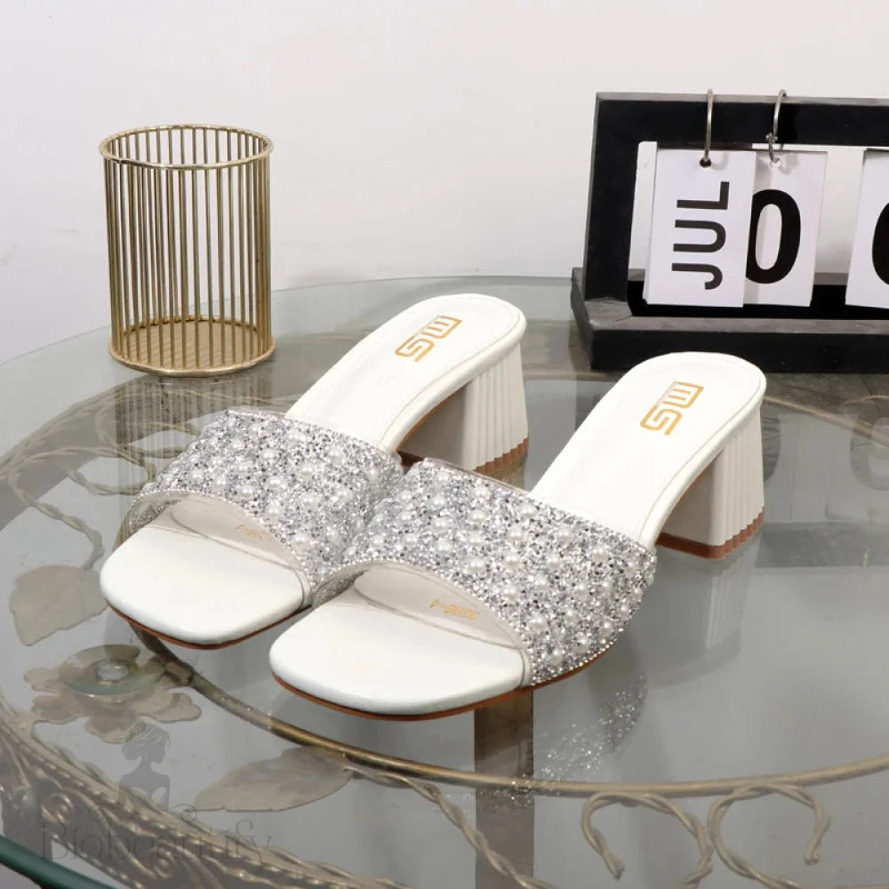 Rhinestone Slippers - Summer Fashion With Thick High Heel For Women