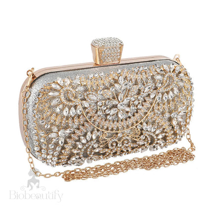 Rhinestone-Studded Silver Rectangle Evening Clutch Bag