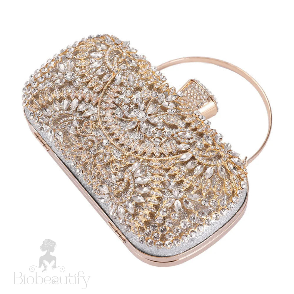 Rhinestone-Studded Silver Rectangle Evening Clutch Bag