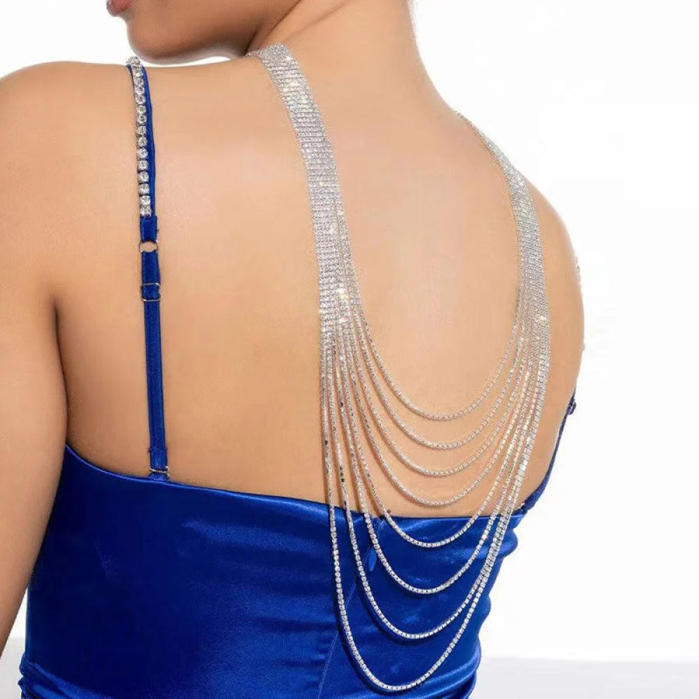 Rhinestone Tassel Layered Backdrop Necklace - Silver