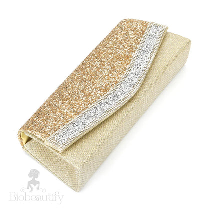 Rhinestone Textured Flap Clutch Bag - Gold