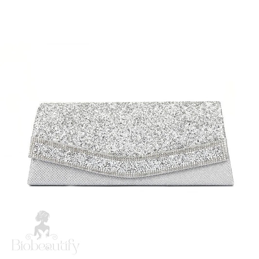 Rhinestone Textured Flap Clutch Evening Bag - Silver One Size /