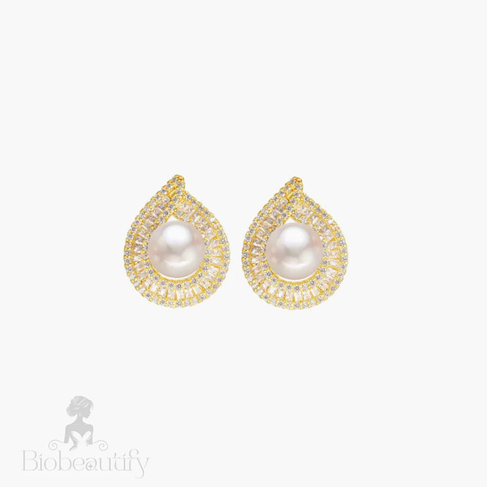 Rhinestone Trimmed Pearlized Stud Earrings - Gold One Size /