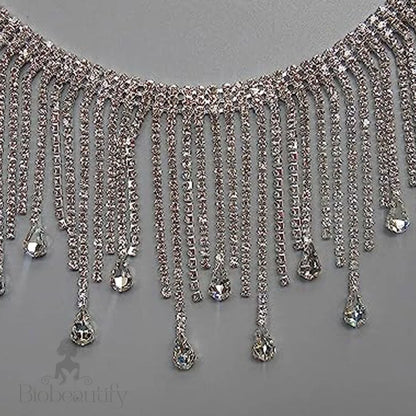 Rhinestone Waterfall Fringe Choker Necklace - Silver