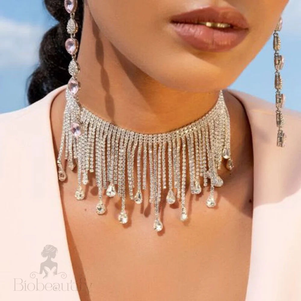 Rhinestone Waterfall Fringe Choker Necklace - Silver