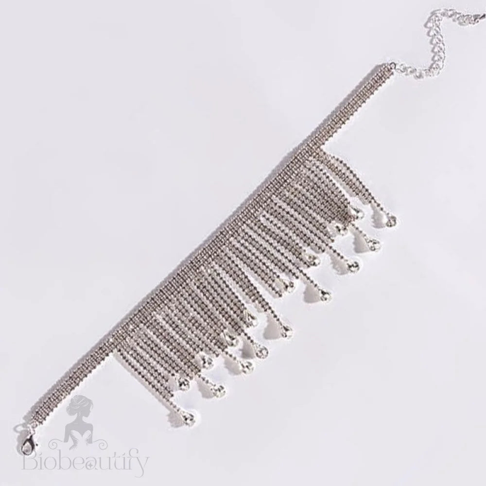 Rhinestone Waterfall Fringe Choker Necklace - Silver One Size /