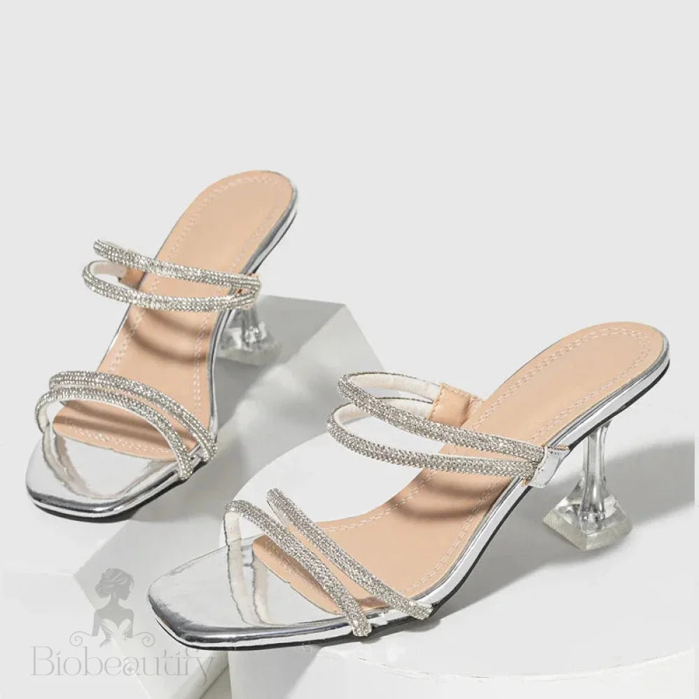 Rhinestone Woman Slippers Fashion Pvc Transparent Slides Clear High Heels Sandals