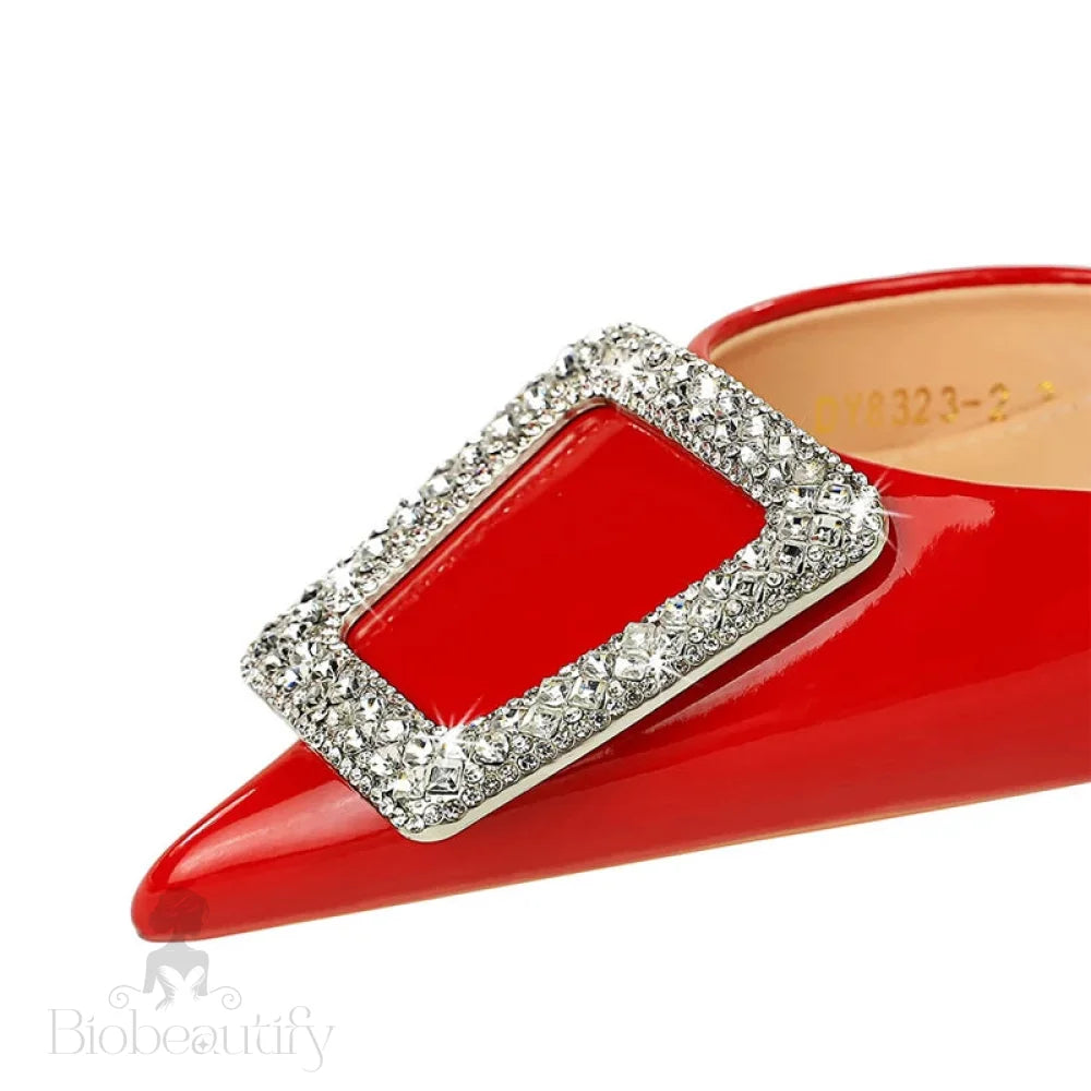 Rhinestone Women Pumps In Patent Leather With High Kitten Heels And Pointed Hollow Design