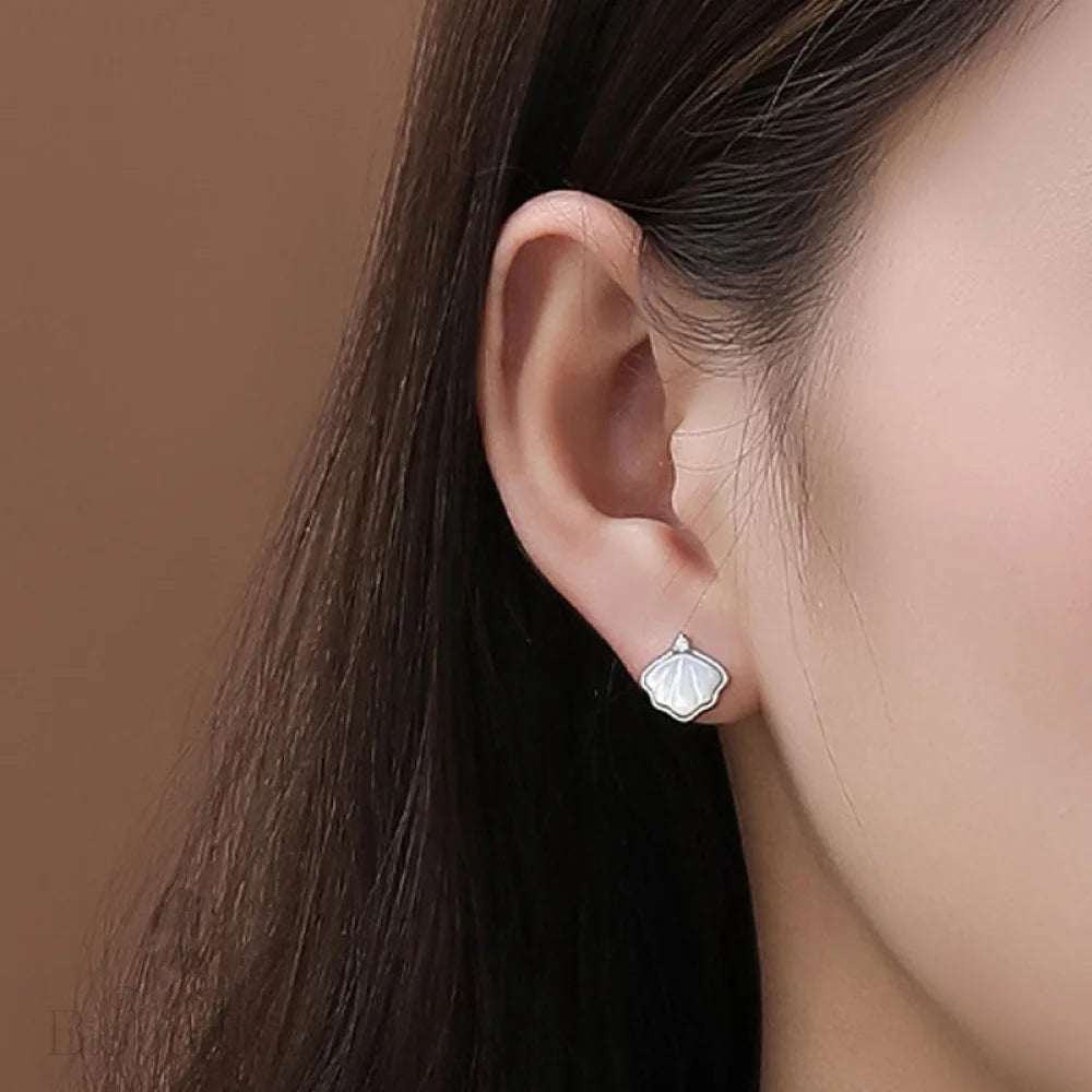 Rhodium Plated Ginkgo Leaf Earrings With Mother Of Pearl And Cubic Zirconia