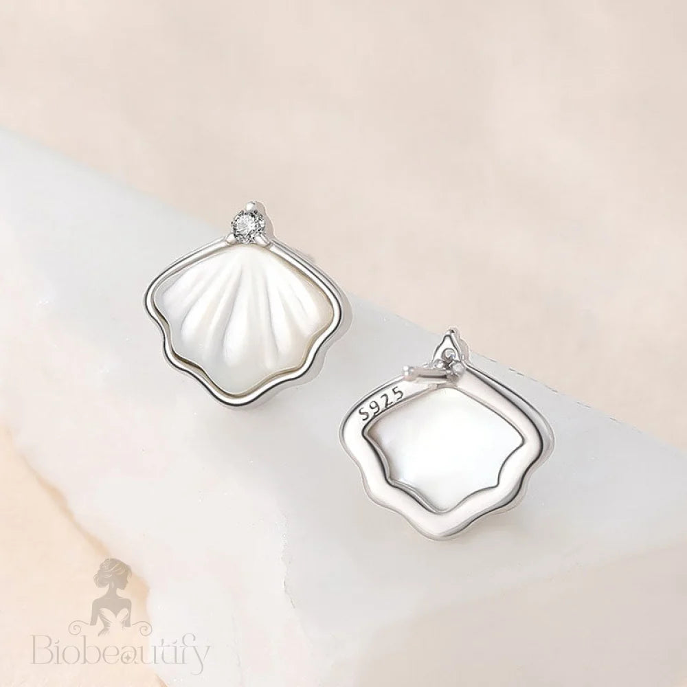 Rhodium Plated Ginkgo Leaf Earrings With Mother Of Pearl And Cubic Zirconia