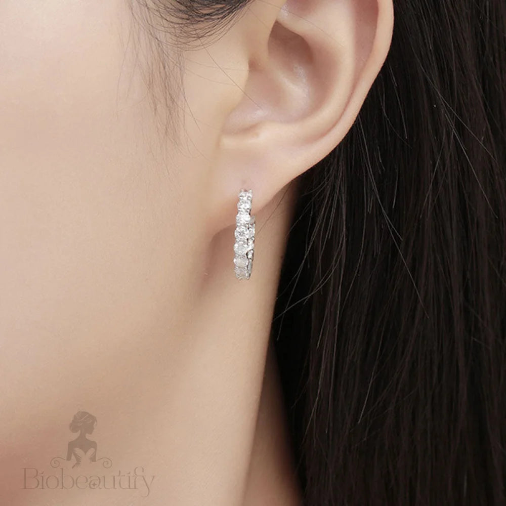 Rhodium Plated Sterling Silver 3Mm Moissanite Paved Open Hoop Earrings