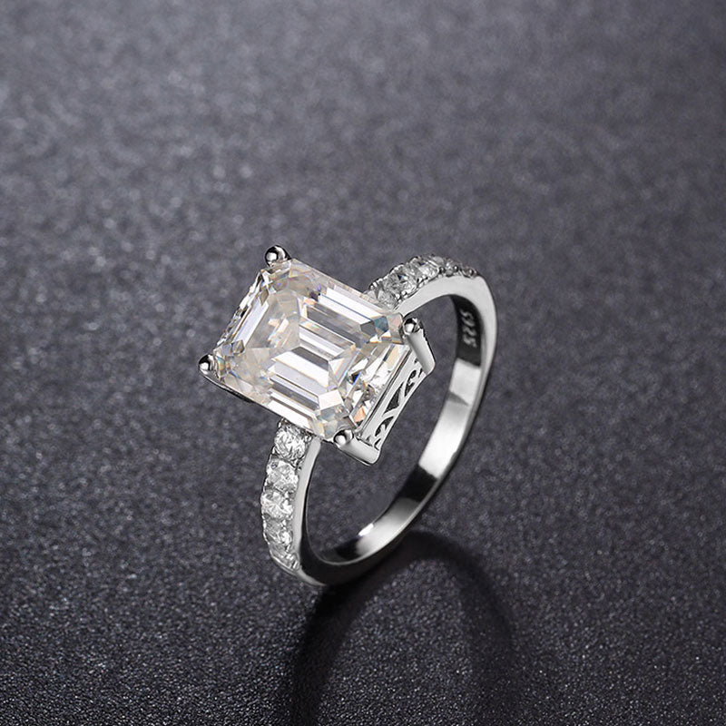 Rhodium Plated Silver Emerald Cut Moissanite Half Eternity Band / 7