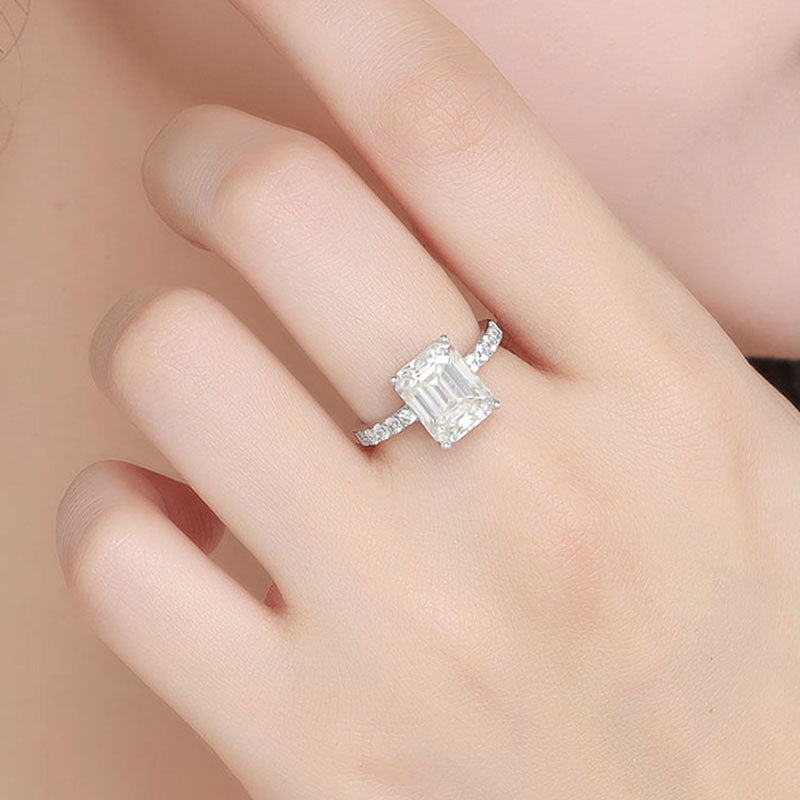 Rhodium Plated Silver Emerald Cut Moissanite Half Eternity Band / 9