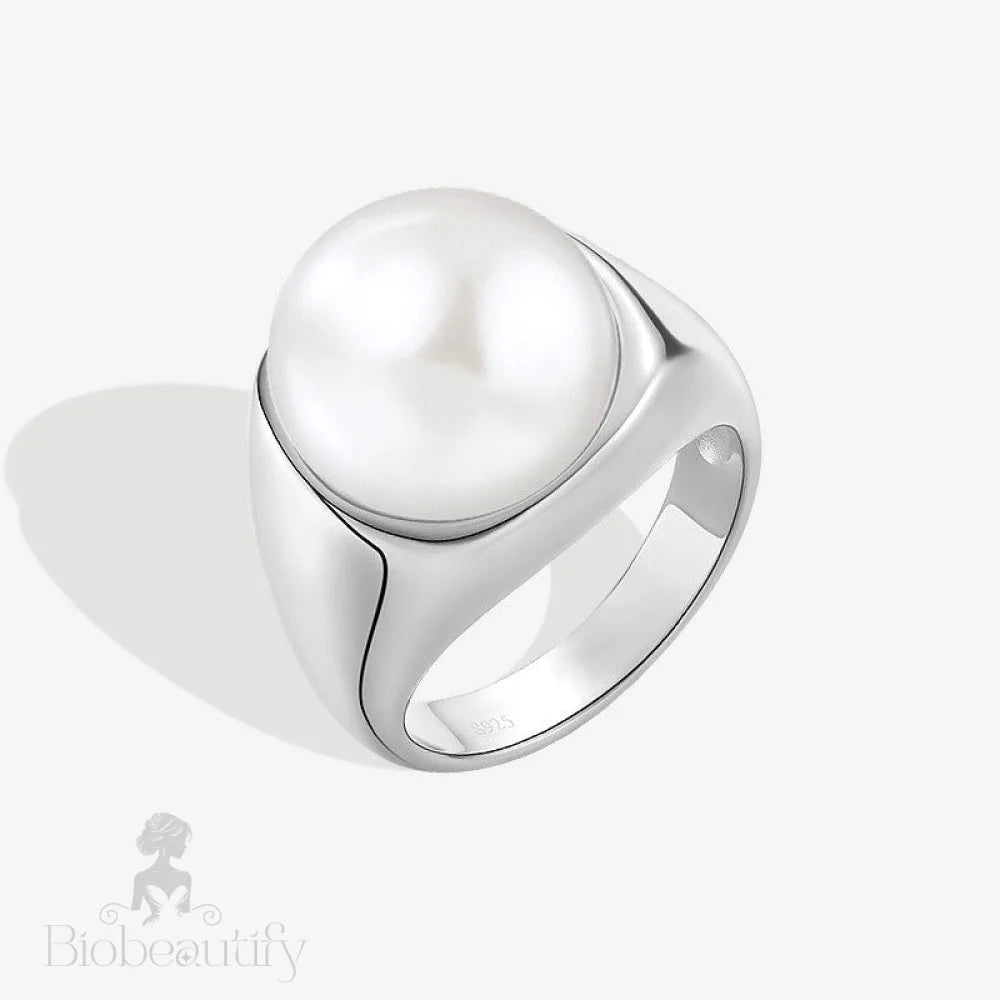 Rhodium Plated Sterling Silver Freshwater Pearl Sphere Dome Ring / 6