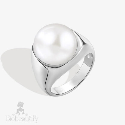 Rhodium Plated Sterling Silver Freshwater Pearl Sphere Dome Ring / 6