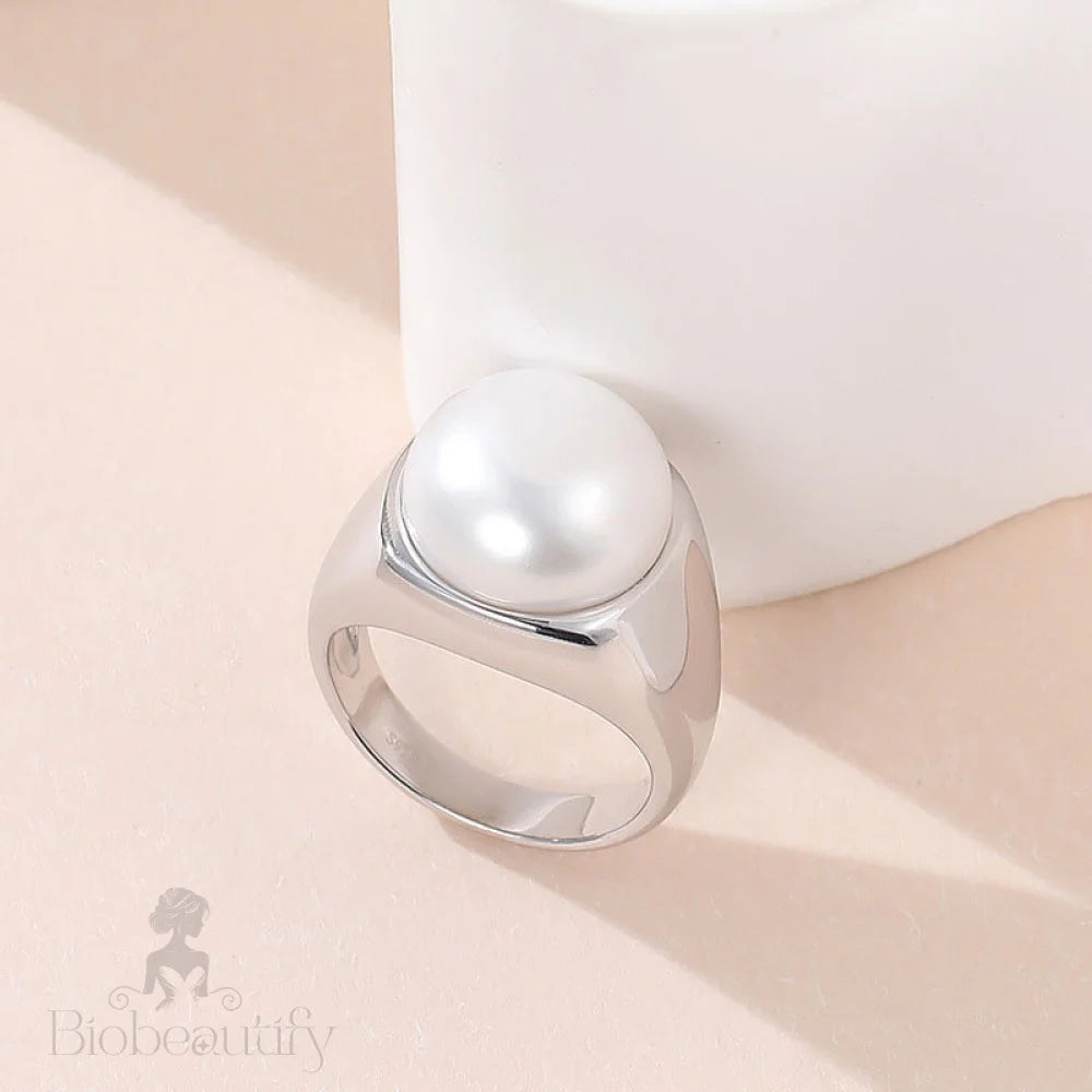 Rhodium Plated Sterling Silver Freshwater Pearl Sphere Dome Ring / 7