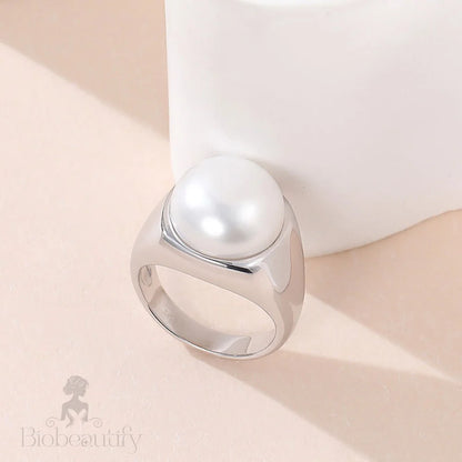 Rhodium Plated Sterling Silver Freshwater Pearl Sphere Dome Ring / 7