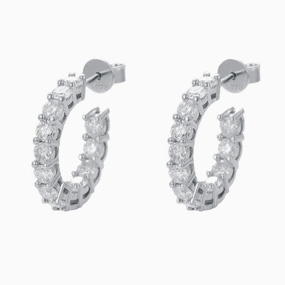Rhodium Plated Sterling Silver 3Mm Moissanite Paved Open Hoop Earrings / One Size