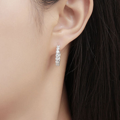Rhodium Plated Sterling Silver 3Mm Moissanite Paved Open Hoop Earrings