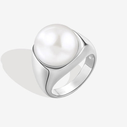 Rhodium Plated Sterling Silver Freshwater Pearl Sphere Dome Ring / 6