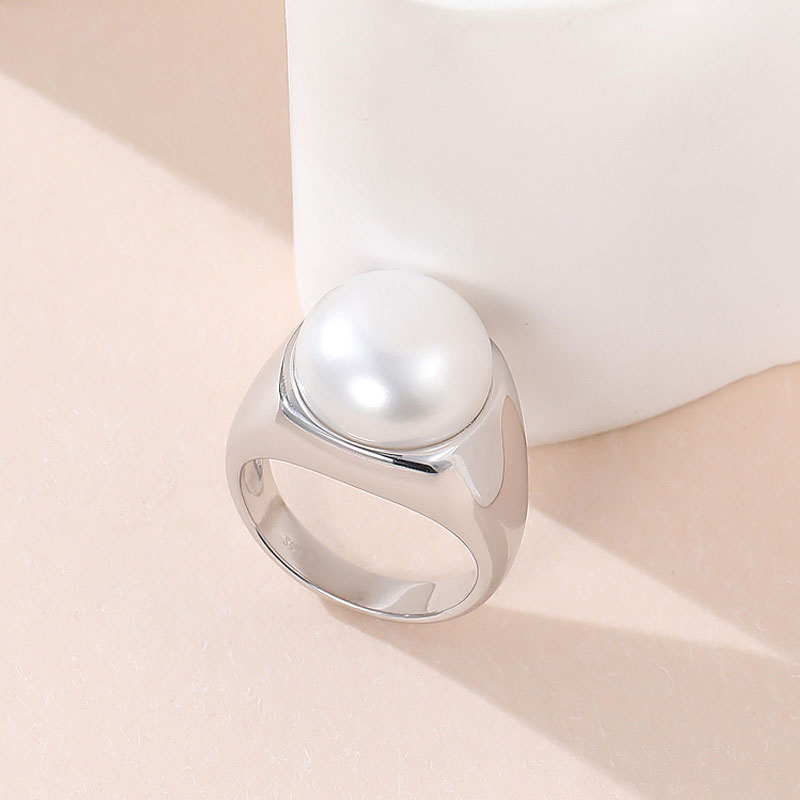 Rhodium Plated Sterling Silver Freshwater Pearl Sphere Dome Ring / 7