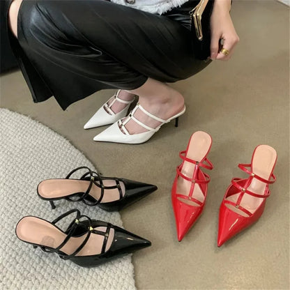 Rivet Narrow Band Women Slipper Pointed Toe Thin Heels Pumps Shoes