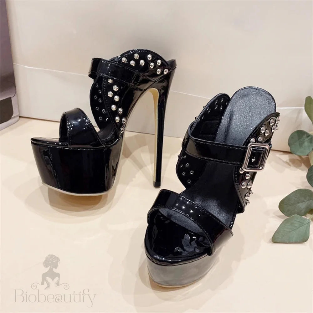 Rivet Platform Peep Toe Women Slippers With Thin Heels - Fashionable Female Sandals For Summer