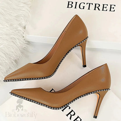 Rivets String Bead Women Pumps High Heels Office Shoes