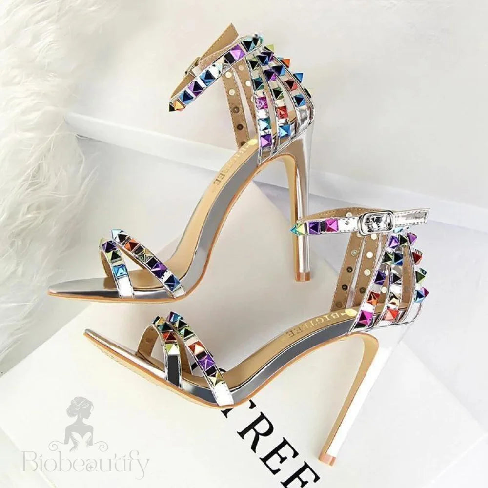 Rivets Women Sandals Roman Style Heeled Sliver / 34