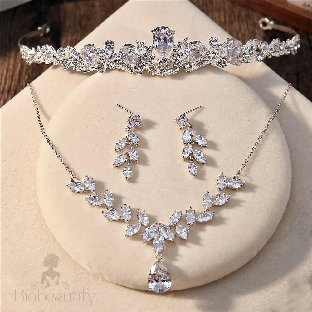 Rochelle Silver Zirconia Three-Piece Bridal Jewelry Set With Tiara