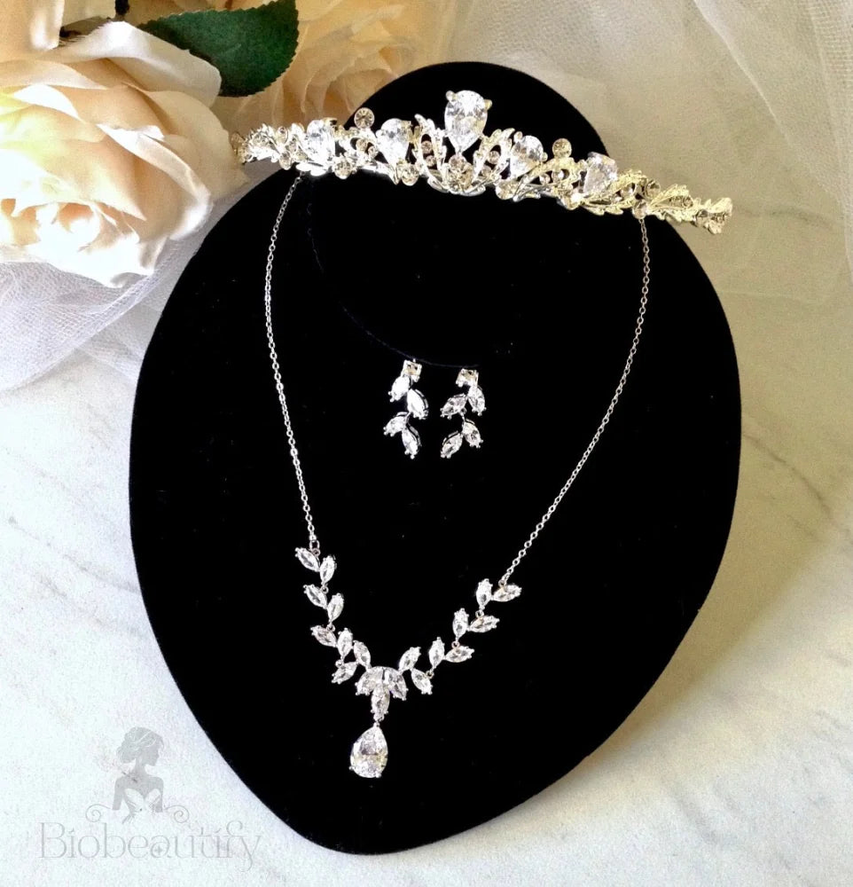 Wedding Jewelry and Accessories - Silver Cubic Zirconia 3-Piece Bridal Jewelry Set With Tiara