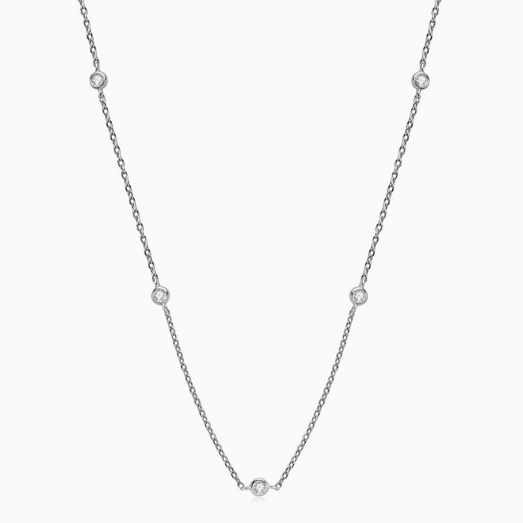 Rhodium Plated Moissanite Droplet Station Necklace With Rolo Chain In Sterling Silver / One Size