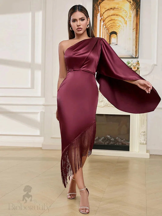 Rosalie Fringe Hem Satin Dress Burgundy / Xs