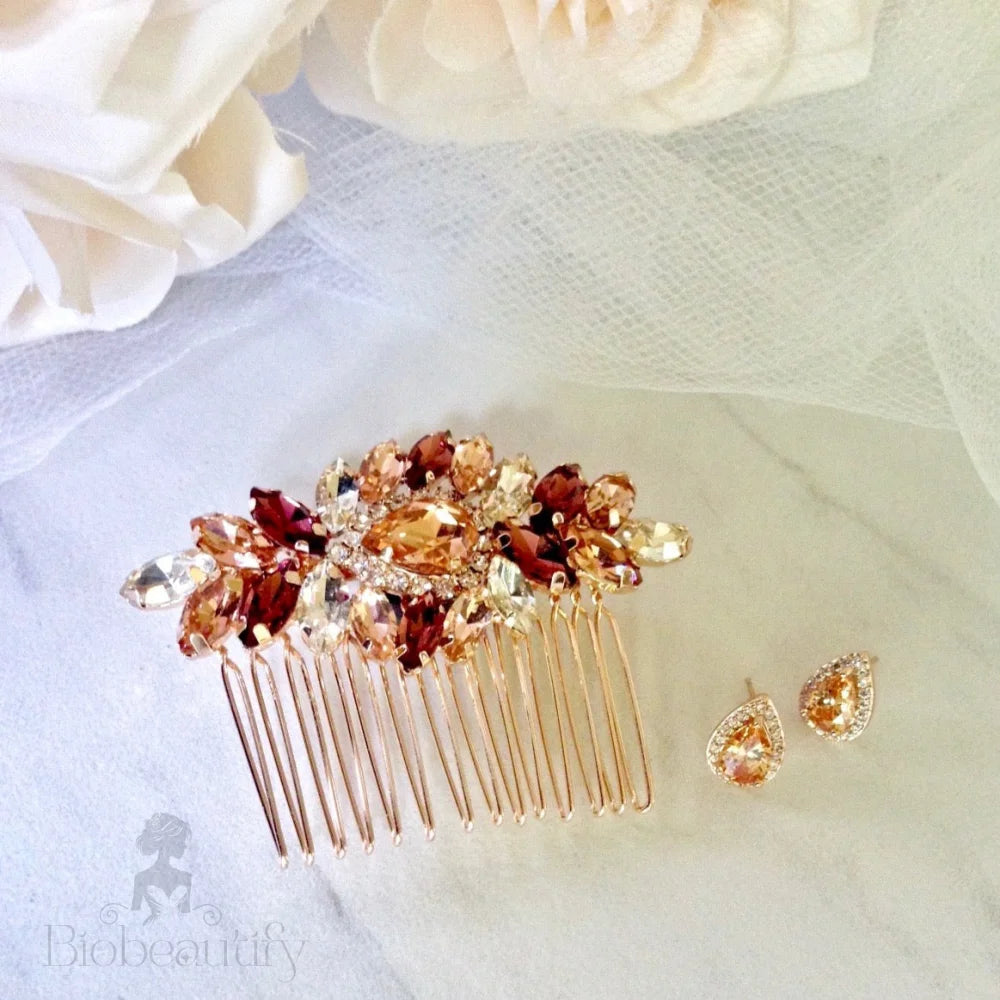 Rose Gold Bridal Hair Comb And Earrings Set