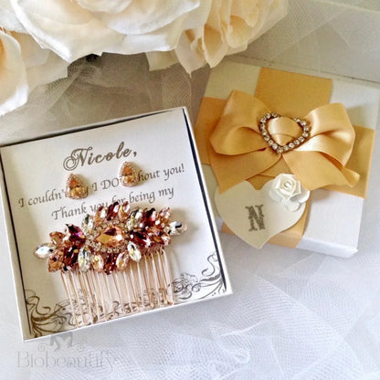 Rose Gold Bridal Hair Comb And Earrings Set