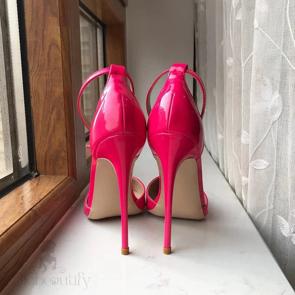 Rose Pink Patent Ankle Strap Pointy Toe High Heel Shoes For Women