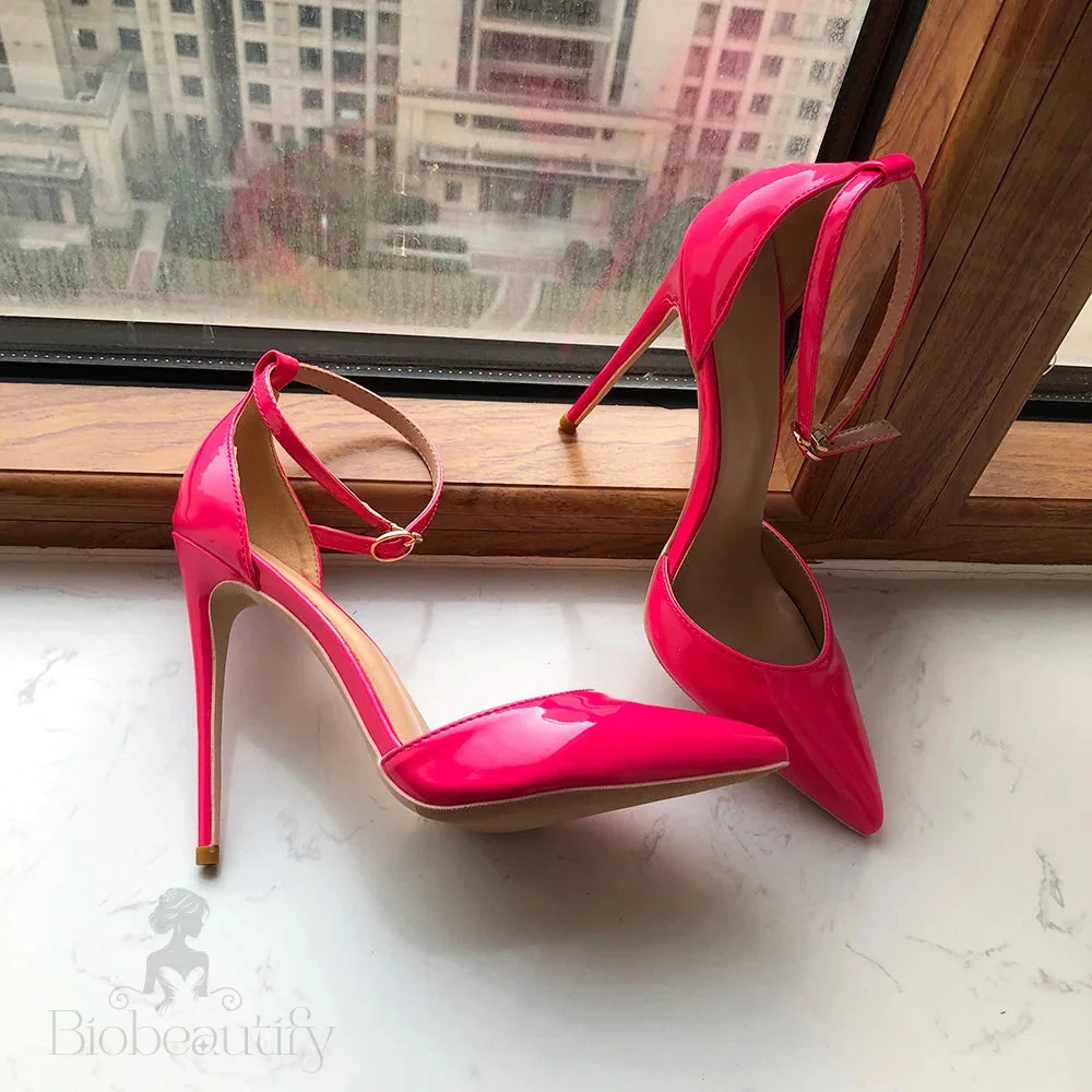 Rose Pink Patent Ankle Strap Pointy Toe High Heel Shoes For Women