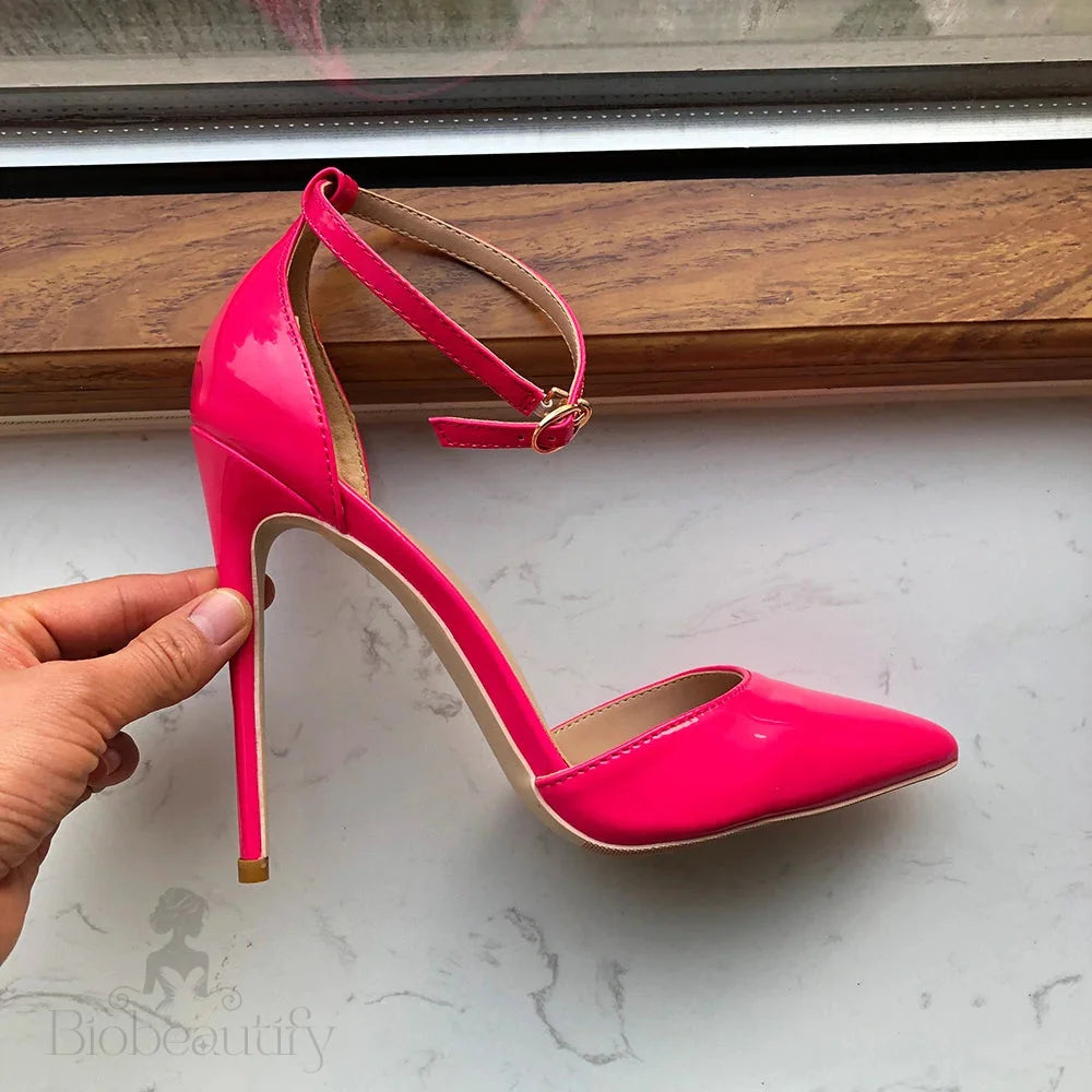 Rose Pink Patent Ankle Strap Pointy Toe High Heel Shoes For Women