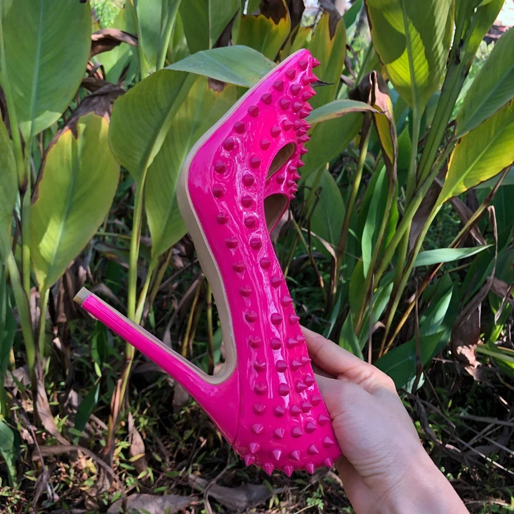 Rose Pink Sexy Spikes Pointed Toe Stiletto Pumps Slip On High Heels For Women